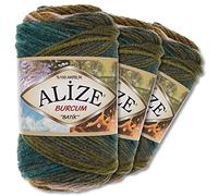 Wohnkult Alize Burcum Batik Lot de 3 pelotes de laine de 100 g chacune, 100 % acrylique, 29 couleurs, dégradé de couleurs, accents (4684)