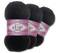Wohnkult Alize Lot de 3 pelotes de 100 g de laine à tricoter Cotton Gold Premium 59 couleurs - Laine d'été pour tricot et amigurumi - Laine toute saison (60 | Noir)