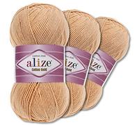 Wohnkult Alize Lot de 3 pelotes de 100 g de laine Cotton Gold Premium, 59 couleurs, laine d'été, fil à tricoter et à crocheter, pour toute l'année (446 | Camel)