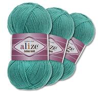 Wohnkult Alize Lot de 3 pelotes de 100 g de laine Cotton Gold Premium, 59 couleurs, laine d'été, fil à tricoter et à crochet Amigurumi, laine pour toute l'année (610 | Vert jade)