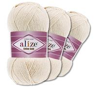 Wohnkult Alize Lot de 3 pelotes de 100 g de laine Cotton Gold Premium, 59 couleurs, laine d'été, fil à tricoter et à crochet, pour toute l'année (599 | Coquille d'œuf)