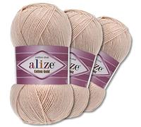 Wohnkult Alize Lot de 3 pelotes de 100 g de laine Cotton Gold Premium 59 couleurs, laine d'été, fil à tricoter et à crochet Amigurumi, laine pour toute l'année (67 | Champagne)