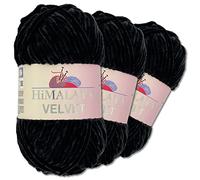 Wohnkult Himalaya - Velvet Dolphin - Lot de 3 pelotes de 100 g de laine - 40 couleurs au choix - Fil chenille à tricoter - Pelucheux et brillant - Accessoires, vêtements et couvertures - 90011, Noir