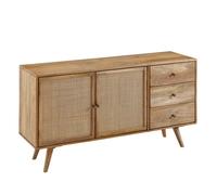 WOHNLING Buffet design 140x75x40 cm Mango massif / rotin, commode 3 tiroirs, armoire haute commode bois massif, armoire colonne salon, 2 compartiments porte cannage