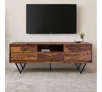 WOHNLING Buffet TV en bois massif de Sheesham 160 cm Portes Tiroir Compartiment Pieds métalliques