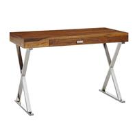 WOHNLING Bureau 120x55x78 cm Bois de sesham Massif/métal chromé | Table de Bureau Design avec tiroirs | Table d'ordinateur Portable pour Bureau à Domicile avec Espace de Rangement