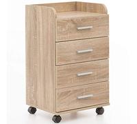 WOHNLING Caisson à roulettes 40x33x70,5 cm Sonoma avec 4 Tiroirs | caisson de bureau à roulettes, armoire à roulettes intemporel, caisson à tiroirs pour bureau et télétravail