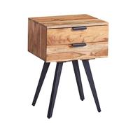 WOHNLING Chevet 47x35x65 cm Bois Massif Acacia, 2 Tiroirs | table de nuit industriel charmant, commode de chevet pour lit boxspring, pièce unique faite main, chevet massif