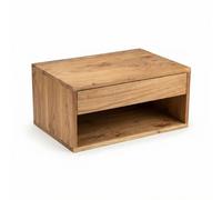 WOHNLING Console de chevet murale 50x35cm en bois d'acacia massif marron - Table de chevet avec tiroir et compartiment de rangement - Table de chevet murale flottante pour lit boxspring - Chevet suspe