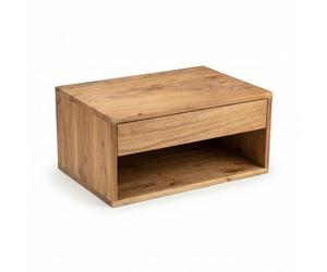 WOHNLING Console de chevet murale 50x35cm en bois d'acacia massif marron - Table de chevet avec tiroir et compartiment de rangement - Table de chevet murale flottante pour lit boxspring - Chevet suspe
