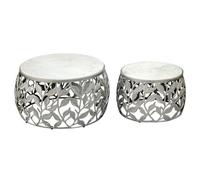 WOHNLING Lot de 2 Tables Basses argentées avec Plateau en marbre Blanc - Table de Salon gigogne Ronde - Table d'appoint en Aluminium Moderne - Ensemble de Tables de canapé en Aluminium avec Structure