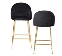 Wohnling Lot de 2 Tabourets de Bar en Velours Noir - Design Scandinave Avec Dossier et Pieds Dorés - Siège Rembourré en Tissu/Métal - Capacité 110 kg