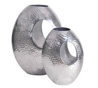 Wohnling Lot de 2 vases décoratifs en aluminium argenté avec poignée de transport - Vase décoratif moderne martelé pour fleurs - Vase de table en aluminium fait main