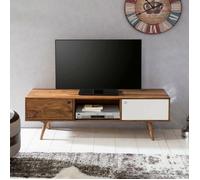 WOHNLING Meuble TV Bas en Bois Massif de Sheesham 2 Portes et Compartiment Marron/Blanc 140 cm