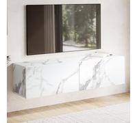 WOHNLING Meuble TV Suspendu 120x30x30 cm Blanc Effet Marbre Abattants | meuble télé fixé au mur pour TV jusqu'à 55 pouces, meuble TV flottant, étagère murale pour salon, facile d'entretien