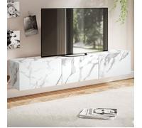 WOHNLING Meuble TV Suspendu 160 cm Lowboard Aspect Marbre Blanc Commode TV Mural