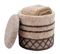 WOHNLING Pouf de Rangement en Laine 40cm Beige Tissu Rond - Design Pouf en Tissu Boho avec Couvercle Amovible - Pouf rembourré pour Coiffeuse - Pouf d'appoint pour Salon Fait Main