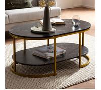 WOHNLING Table Basse 100x60x45 cm Noire Effet Marbre avec Étagère
