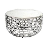 WOHNLING Table Basse Design en métal argenté avec Plateau en marbre Blanc 60 cm Rond - Table de Salon Moderne en Aluminium - Table d'appoint de Salon en Aluminium Faite à la Main