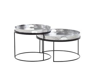 WOHNLING Table Basse Lot de 2 Argent/Noir Métal martelé Tables gigognes Rondes, Table d'appoint avec Plateau Amovible, Table de canapé 2 pièces Moderne, Table d'appoint Ronde