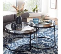 WOHNLING Table Basse Lot de 2 Métal Argentée Noire Aspect Martelé Ronde