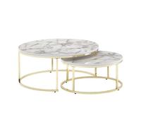WOHNLING Table Basse Lot de 2 Ronde 80x80x36 cm Blanche Dorée Effet Marbre | 2 tables de salon piètement métal, tables gigognes surfaces de rangement pour boissons et déco, bouts de canapé moderne