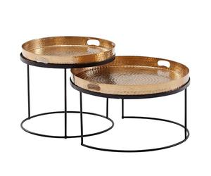 WOHNLING Table Basse Lot de 2 Tables gigognes en métal doré/Noir Finition martelée Ronde | Table Basse Plateau Amovible | Tray Table canapé 2 pièces Moderne | Table d'appoint Ronde