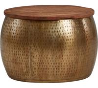 WOHNLING Table basse Mango Bois massif Métal 60x60x40 cm Or Rond avec espace de rangement, Table de salon design plateau amovible, Table de salon Salon Moderne