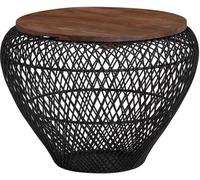 WOHNLING Table basse Mango Bois massif Métal 60x60x45 cm Noir Rond avec espace de rangement, Table de salon Design Table en osier Moderne, Table d'appoint Salon