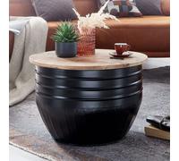 WOHNLING Table basse mangue bois métal 60x41x60 cm Industrial Style Rond, Table de salon design avec espace de rangement, Table de salon moderne Noir