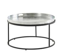 WOHNLING Table basse martelée métal 62x62x36 cm Table basse aluminium argent noir, Table de salon design plateau amovible rond, Table plateau salon, Table d'appoint Moderne