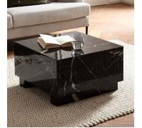WOHNLING Table Basse Monobloc 60x60x35 cm Noire Brillante Effet Marbre