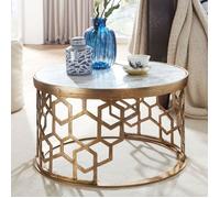 WOHNLING Table Basse Ronde 60x60x36 cm Marbre Blanche Métal Dorée