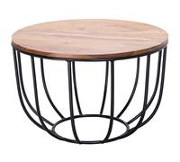 WOHNLING Table Basse Ronde 60x60x39 cm Bois Massif Sheesham Table Panier | table de salon industriel avec structure en métal, bout de canapé massif, pièce unique faite main, table de séjour marron