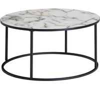 WOHNLING Table basse ronde 80x40x80 cm avec aspect marbre blanc, table de salon avec piétement métallique noir, table décorative moderne