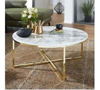 WOHNLING Table Basse Ronde 80x80x36 cm Blanche Effet Marbre Structure Métal