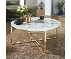 WOHNLING Table Basse Ronde 80x80x36 cm Blanche Effet Marbre Structure Métal