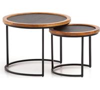 WOHNLING Table basse (set de 2) en bois massif de manguier / aspect pierre Table de salon ronde, table basse avec structure métallique, table basse moderne, table basse à emboîtement en 2 parties brun