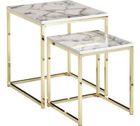 WOHNLING Table d'appoint design, set de 2, blanc, aspect marbre, angulaire, table basse 2 pièces, piètement métal doré, petites tables de salon, tables gigognes modernes, carrées