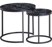 WOHNLING Table d'appoint design, set de 2, noire, aspect marbre, ronde, table basse 2 pièces, piètement métal, petites tables de salon, tables gigognes modernes