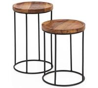 WOHNLING Table d'appoint design WL5.661 Sheesham Métal Set de 2 petites tables, Table basse Set de 2 tables en bois, Table de salon en bois massif avec structure métallique, Table basse étroite Table