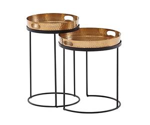 WOHNLING Table d'appoint Set de 2 Or/Noir Métal Martelé Table gigogne Ronde, Table Basse Plateau Amovible, Table Plateau canapé 2 pièces Moderne, Table de canapé Ronde