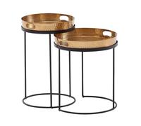 WOHNLING Table d'appoint set de 2 pièces or / noir métal martelé Table de salon ronde, Table basse plateau amovible, Table plateau canapé 2 pièces Moderne, Table basse ronde