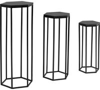 WOHNLING Table d'appoint, set de 3 tables en manguier massif / métal, table hexagonale, table à colonne, table à plantes 3 pièces noire, support pour fleurs, table à fleurs de salon, tabouret pour pla