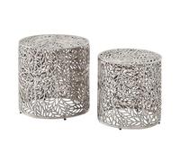 WOHNLING Table gigogne Aluminium Lot de 2 Rond Argent - Table d'appoint avec Motif Feuille - Table décorative Table Basse Design Alu - Table en métal Moderne - Ensemble de Tables de Salon Fait Main