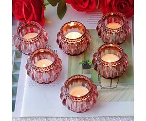 Woho Lot de 6 photophores en Verre doré Rose pour décoration de Saint-Valentin, Bougies Chauffe-Plat en Verre pour fête de Mariage, bougeoirs votifs pour Centre de Table