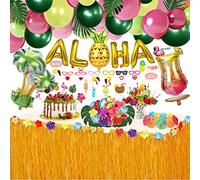 wohot 162Pcs Hawaïenne Luau Table Jupe Set de Décoration, Aloha Ballon Guirlandes Set pour Beach Decoration Tropicale de Fête Tropicale Hawaïenne (162 PCS)