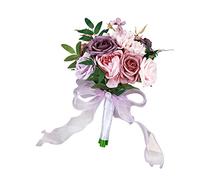 Woideklu Bouquet de Mariée Composé de Roses, Bouquet de Mariage, Fleurs en Soie, Composition Florale, Romantique, Longue Tenue, Idéal pour La Mariée, Les, Violet Rose