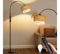 Woiledlt Lampadaire Boho en rotin, lampe arquée pour salon : Lampadaire noir vintage avec arc, intensité variable avec télécommande, ampoule LED E27 9W incluse, hauteur réglable de 165 à 180 cm