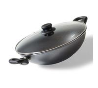 STONELINE Poêle Wok 32 cm, avec Couvercle en Verre, Compatible à l'Induction et au Four, Revêtement Antiadhésif avec de vraies particules de pierre, Gris